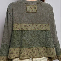 Women's Three-Quarter Flare Sleeve Boho Mixed Media Top in Olive