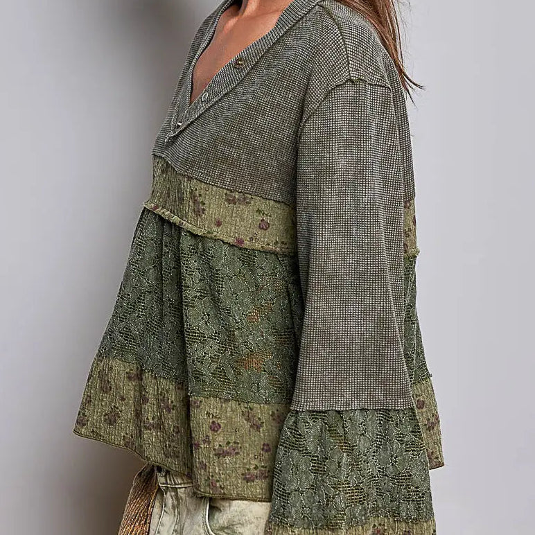 Women's Three-Quarter Flare Sleeve Boho Mixed Media Top in Olive
