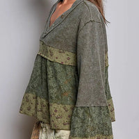 Women's Three-Quarter Flare Sleeve Boho Mixed Media Top in Olive
