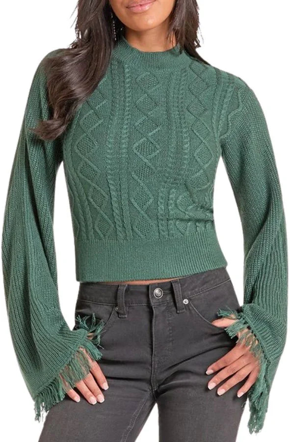 Women's Rock & Roll Denim Flare Sleeve Sweater in Jade