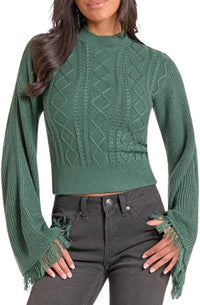 Women's Rock & Roll Denim Flare Sleeve Sweater in Jade
