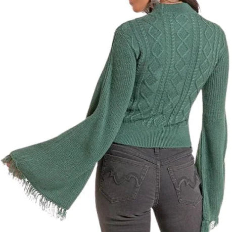 Women's Rock & Roll Denim Flare Sleeve Sweater in Jade
