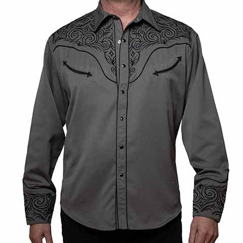 Scully Men's Embroidered Scroll Western Snap Shirt in Charcoal