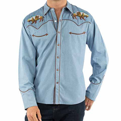 Scully Men's Embroidered Desert Western Snap Shirt in Light Blue