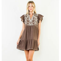 Women's Embroidered Flutter Cap Sleeve Dress in Brown