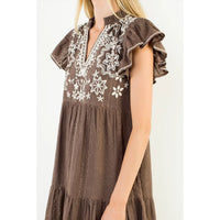 Women's Embroidered Flutter Cap Sleeve Dress in Brown