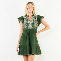 Women's Embroidered Flutter Cap Sleeve Dress in Olive