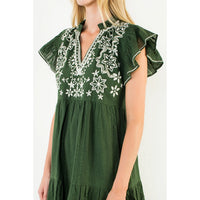 Women's Embroidered Flutter Cap Sleeve Dress in Olive