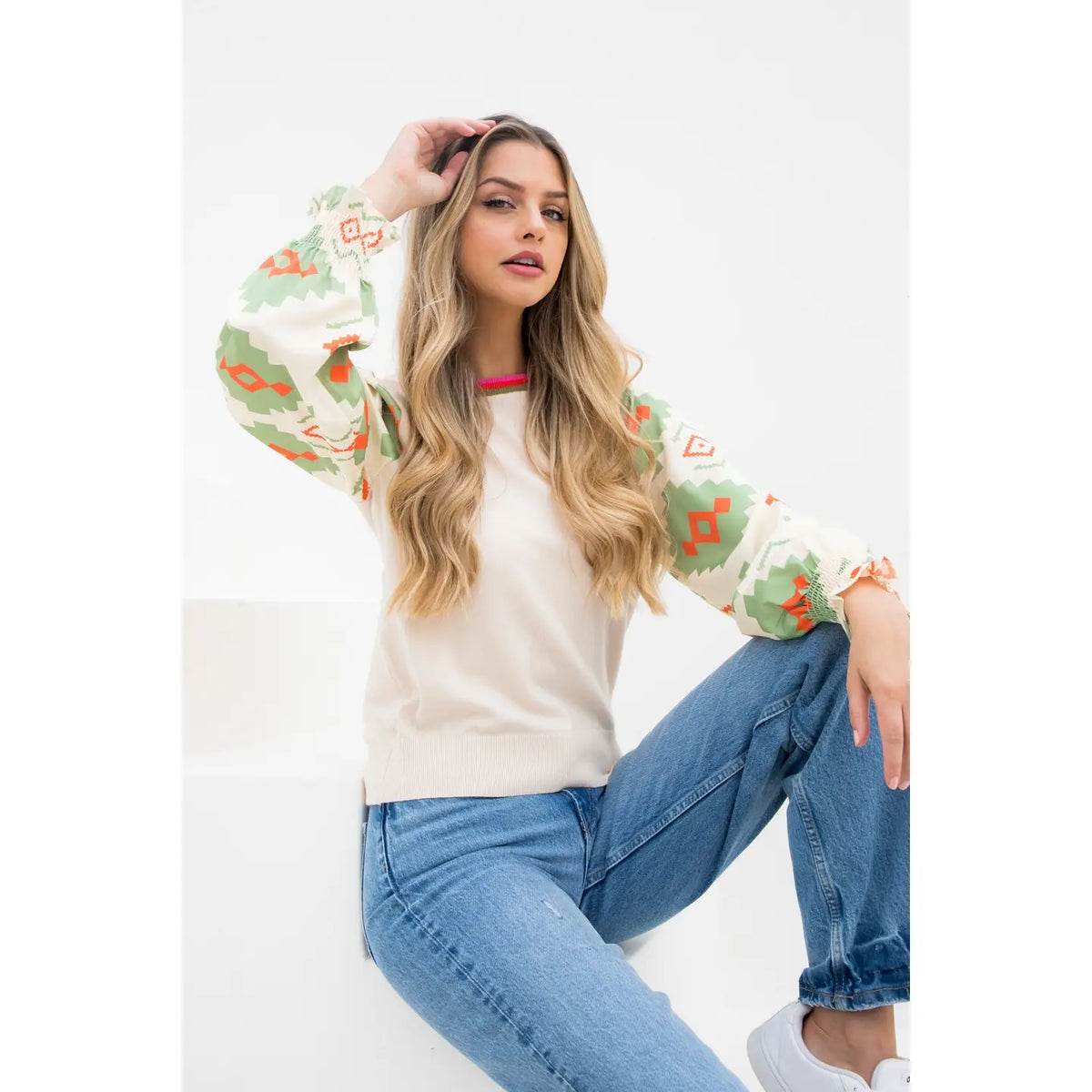 Women's Mixed Media Long Sleeve Blouse in Cream