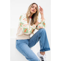 Women's Mixed Media Long Sleeve Blouse in Cream