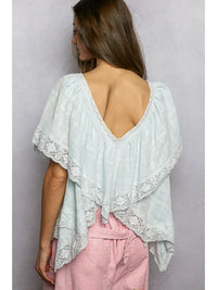 Women's Lace Trim Romantic Cut Blouse in Pale Blue