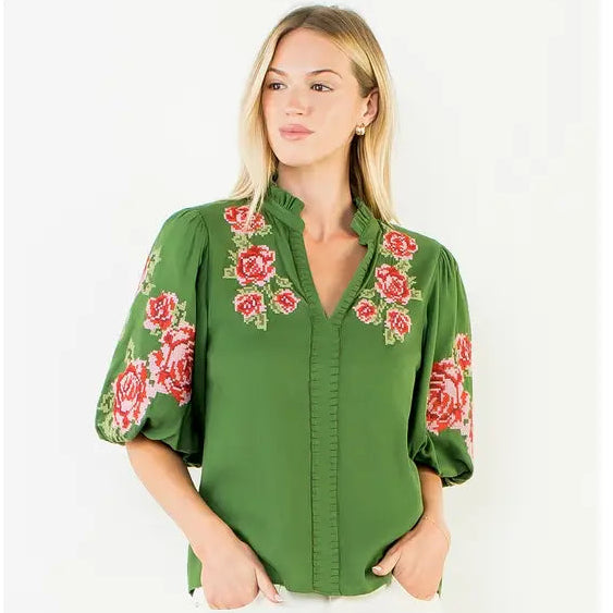 Women's V-Neck Top with Floral Embroidery Blouse in Green