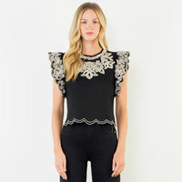 Women's Flutter Sleeve Cropped Embroidery Blouse in Black