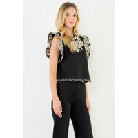 Women's Flutter Sleeve Cropped Embroidery Blouse in Black