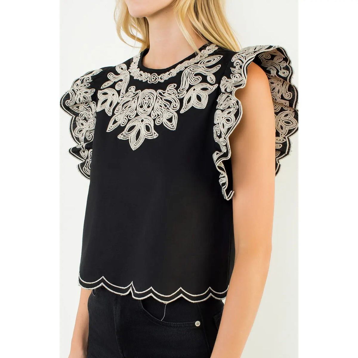 Women's Flutter Sleeve Cropped Embroidery Blouse in Black