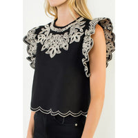 Women's Flutter Sleeve Cropped Embroidery Blouse in Black