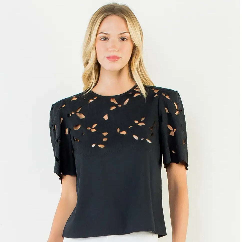 Women's Short Sleeve Eyelet Top in Black