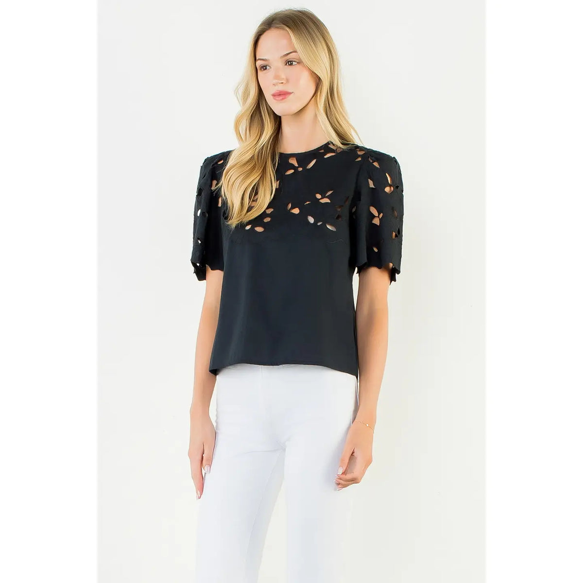 Women's Short Sleeve Eyelet Top in Black