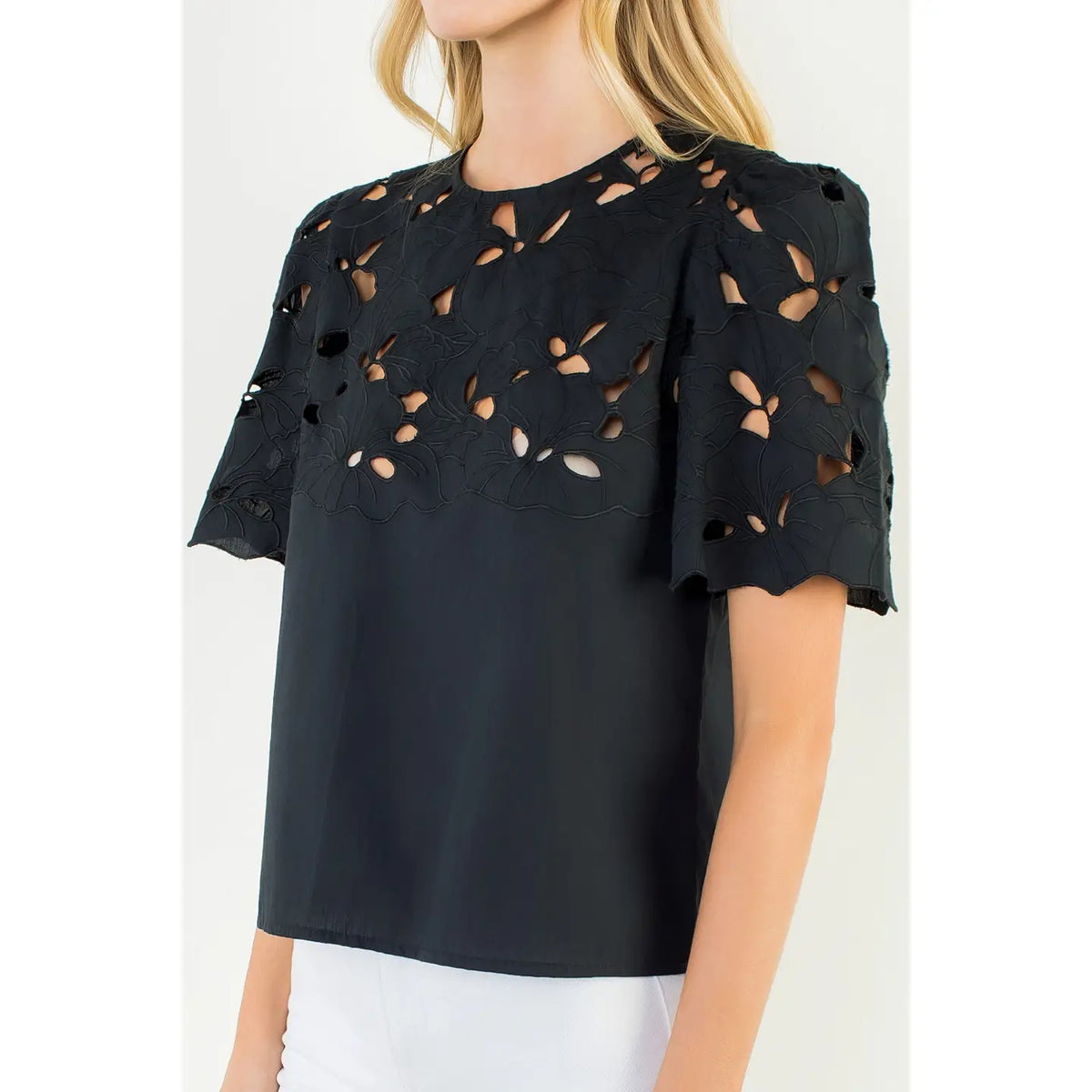 Women's Short Sleeve Eyelet Top in Black