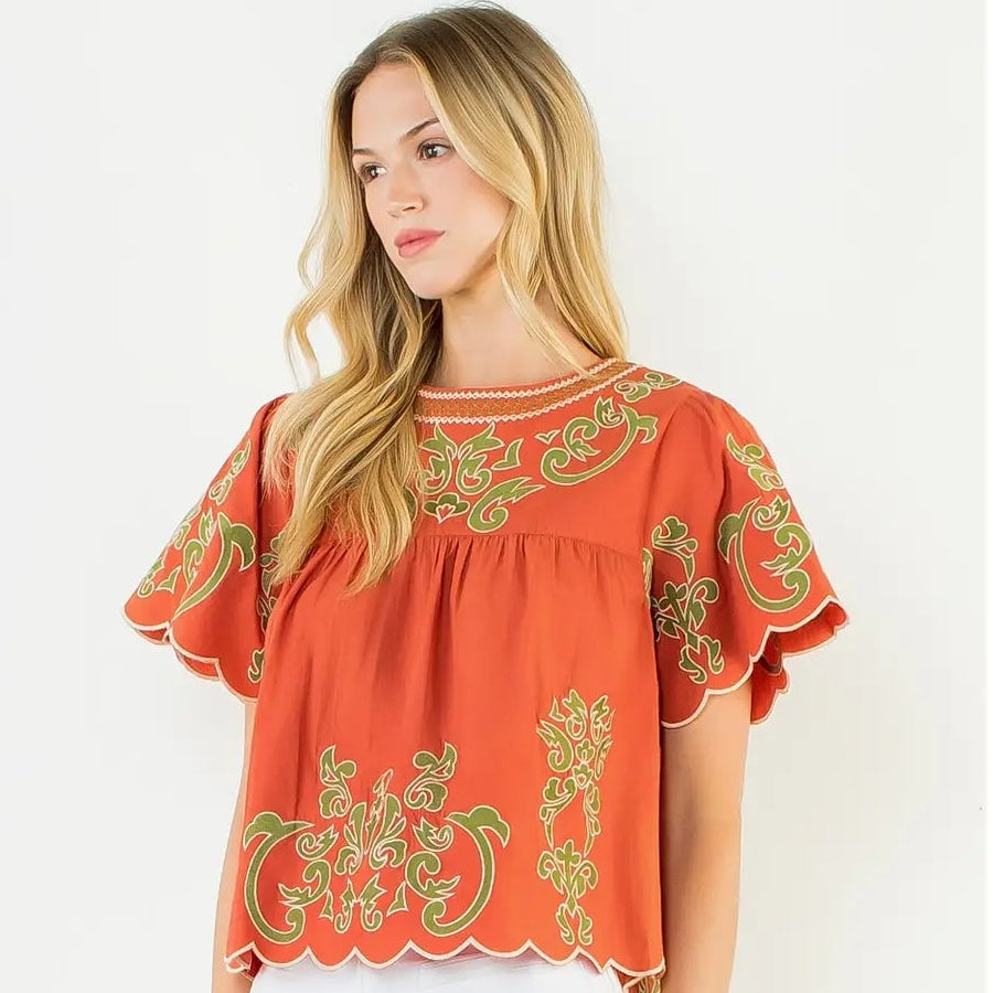 Women's Flutter Sleeve Embroidery Blouse in Pumpkin