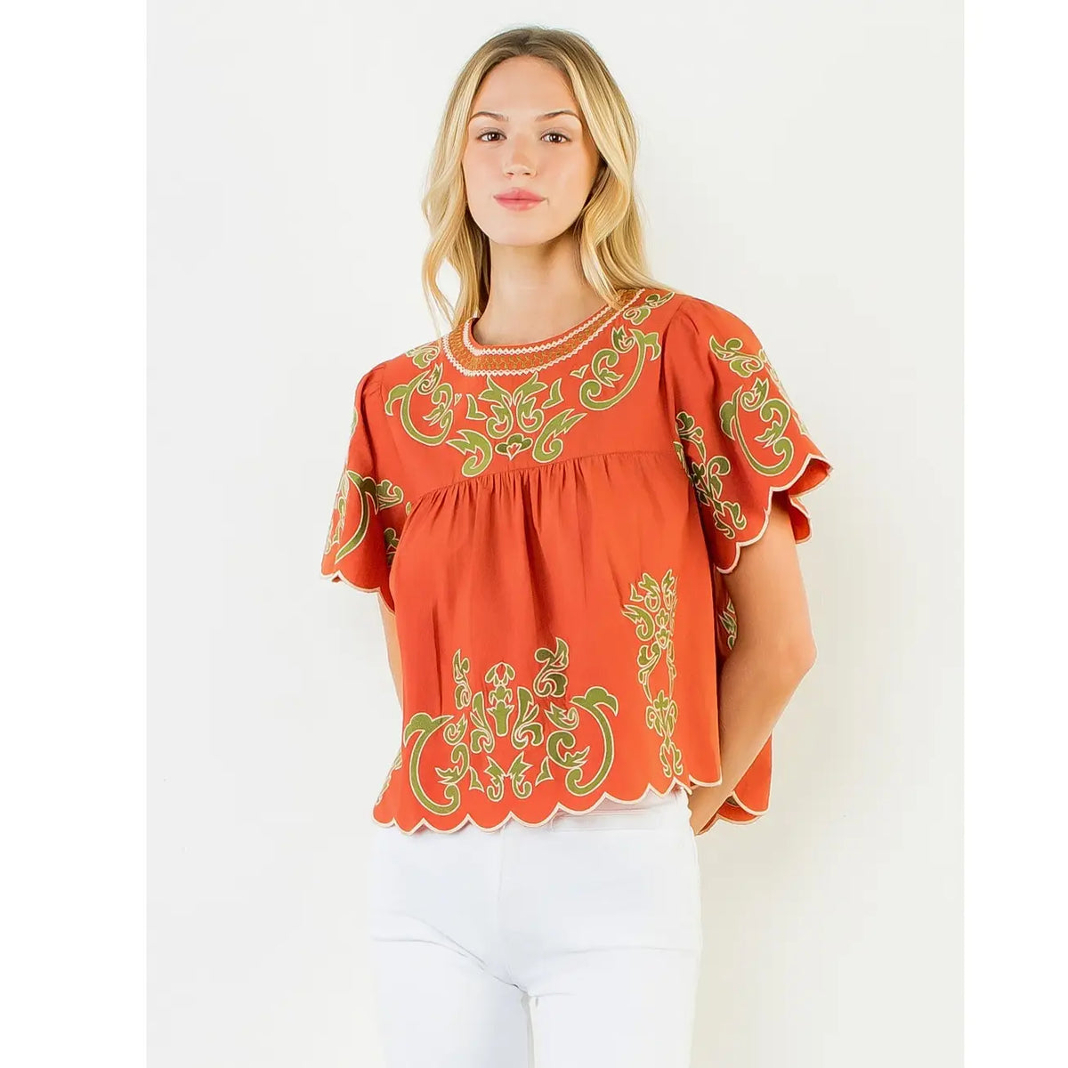 Women's Flutter Sleeve Embroidery Blouse in Pumpkin