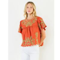Women's Flutter Sleeve Embroidery Blouse in Pumpkin