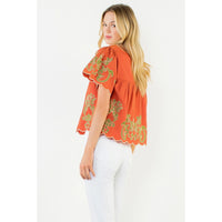 Women's Flutter Sleeve Embroidery Blouse in Pumpkin