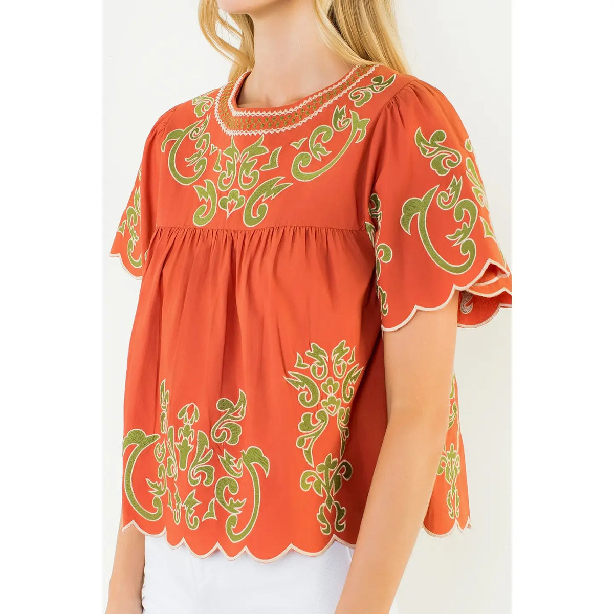 Women's Flutter Sleeve Embroidery Blouse in Pumpkin