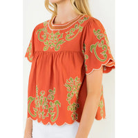 Women's Flutter Sleeve Embroidery Blouse in Pumpkin