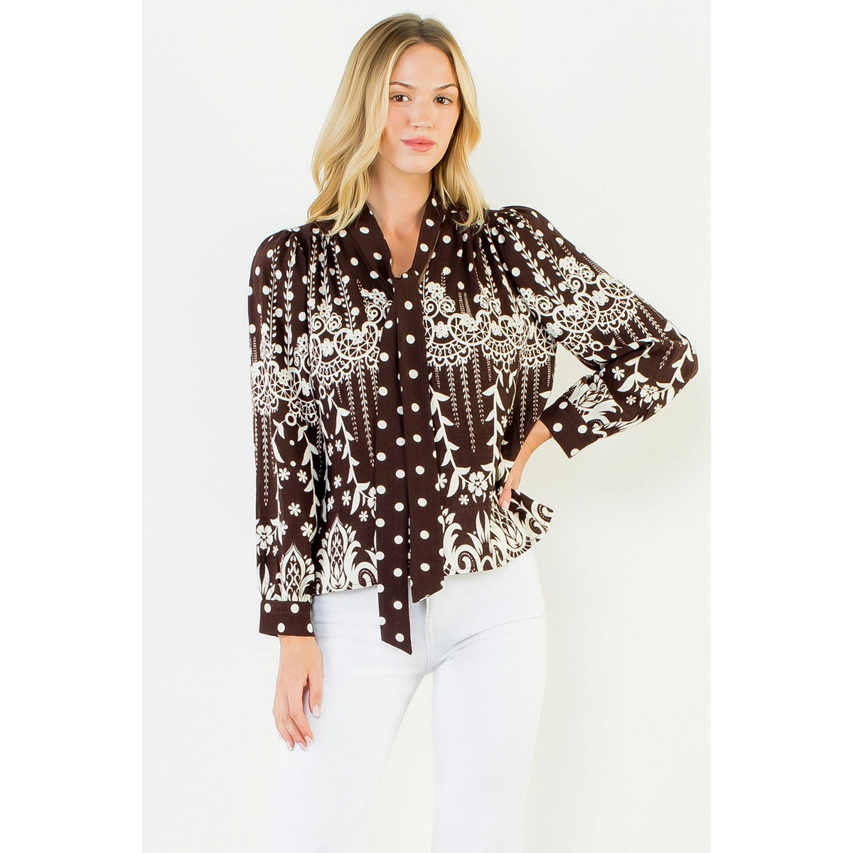 Women's Long Sleeve Patterned Top in Brown