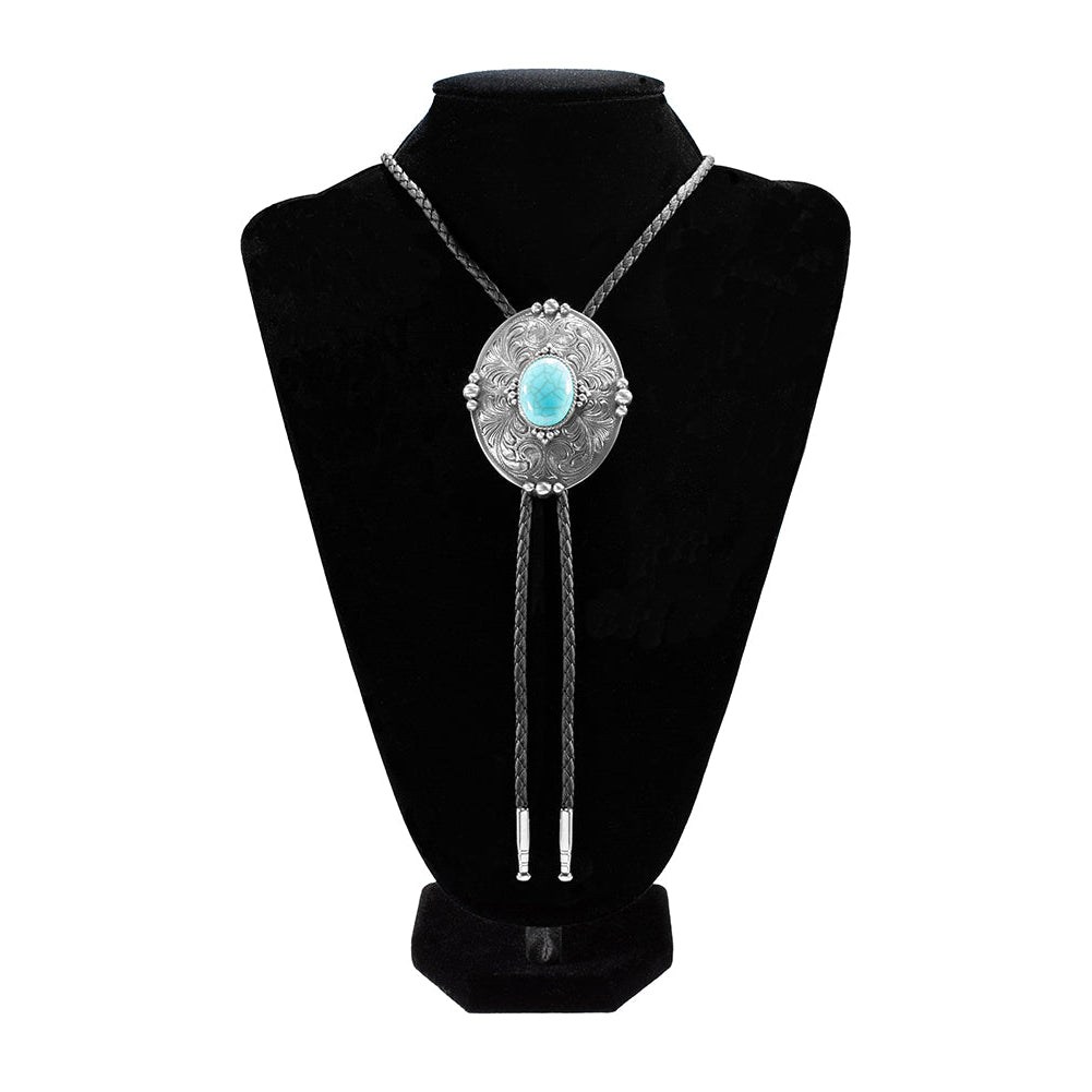 Double S Turquoise Stone Beaded Edge Bolo Tie