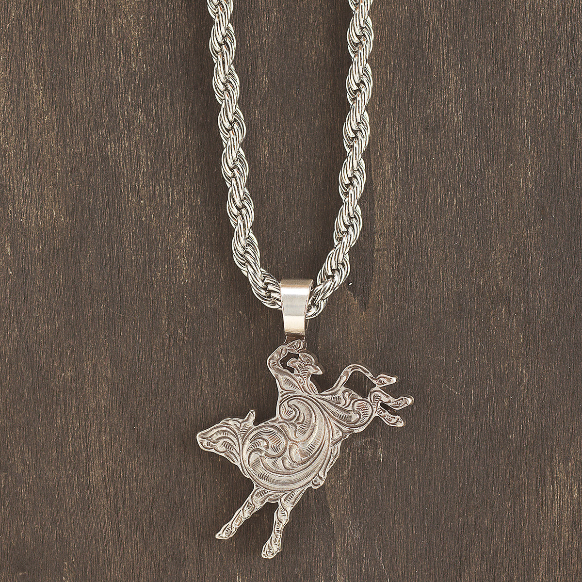Silver Strike Men's 24" Southwestern Engraved Bull Rider Necklace