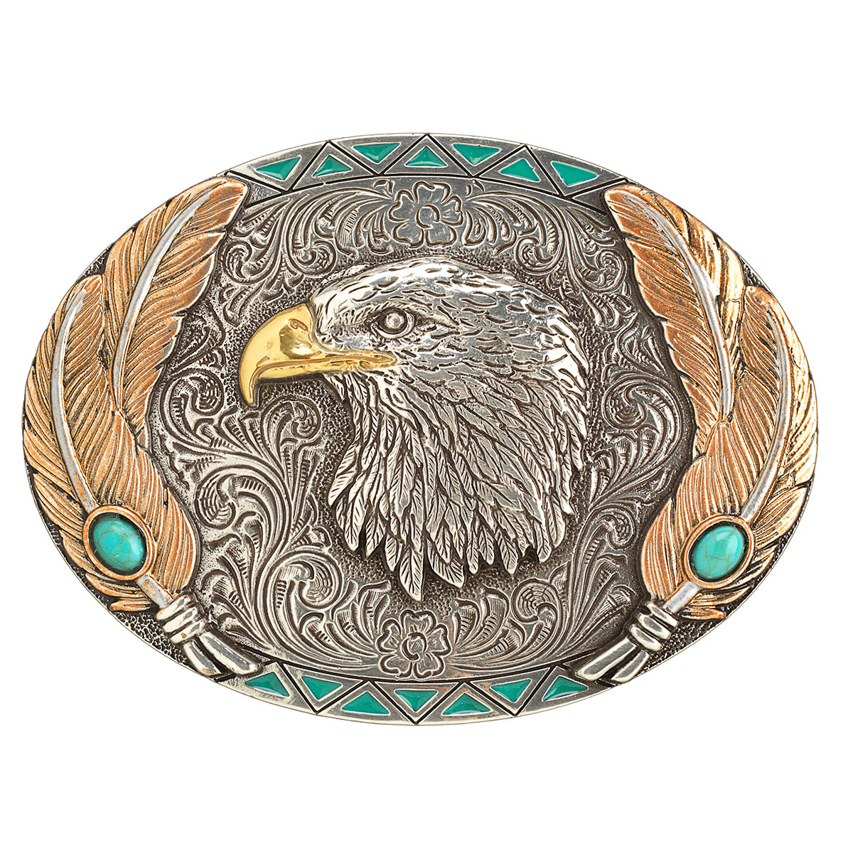 Nocona Oval Eagle Feathers Multi Colored Belt Buckle