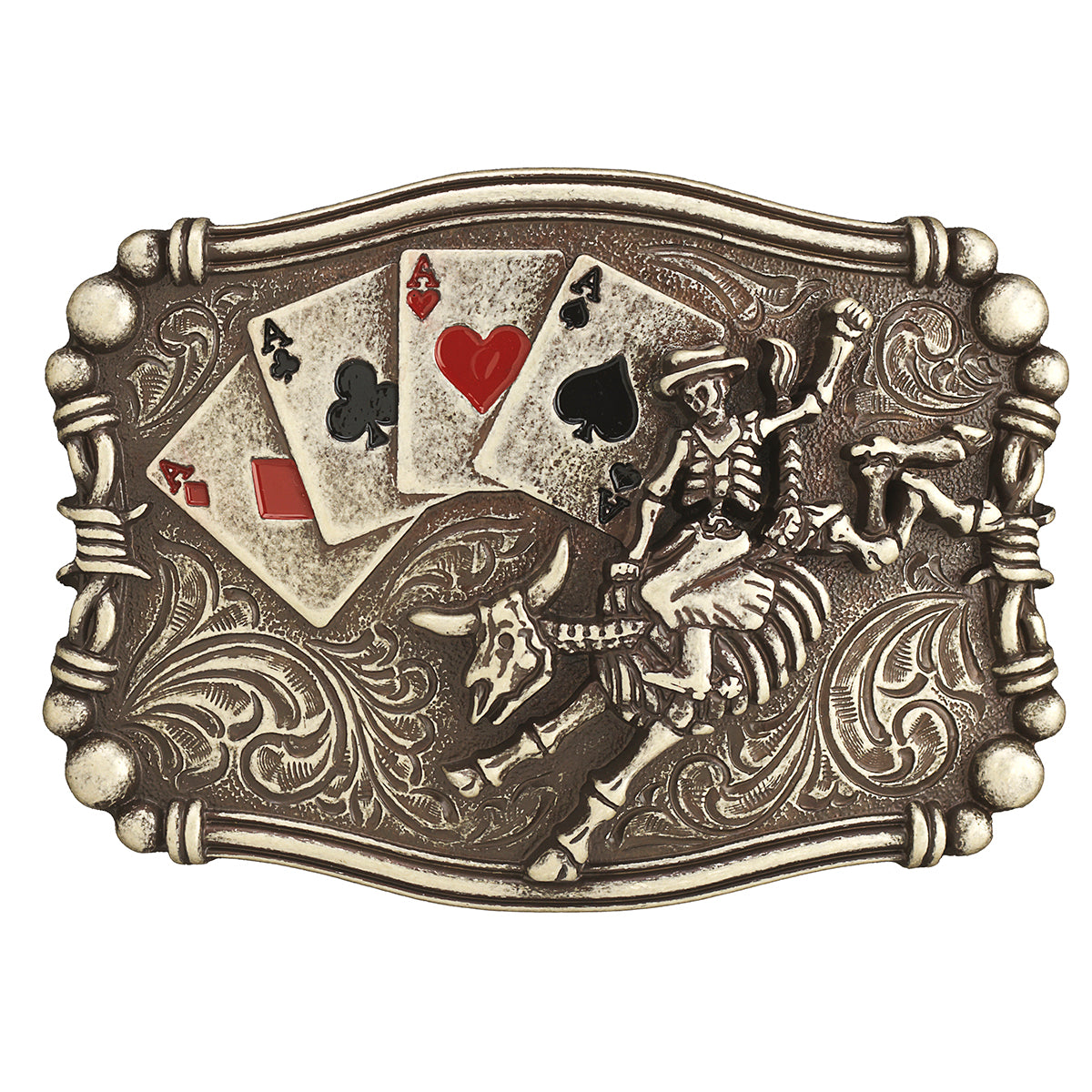 Nocona Men's Skeleton Bull Rider Aces Belt Buckle