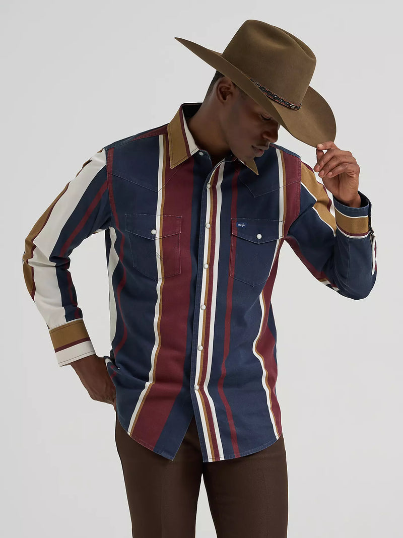 Wrangler Men's L/S Vintage Inspired Brushpopper Western Snap Work Shirt in Midnight Oak