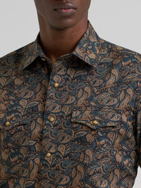 Wrangler Retro® Men's L/S Premium Stripe Western Snap Shirt in Royal Scroll