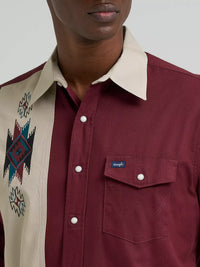 Wrangler Men's L/S Vintage Inspired Contrast Band Western Snap Shirt in Wine