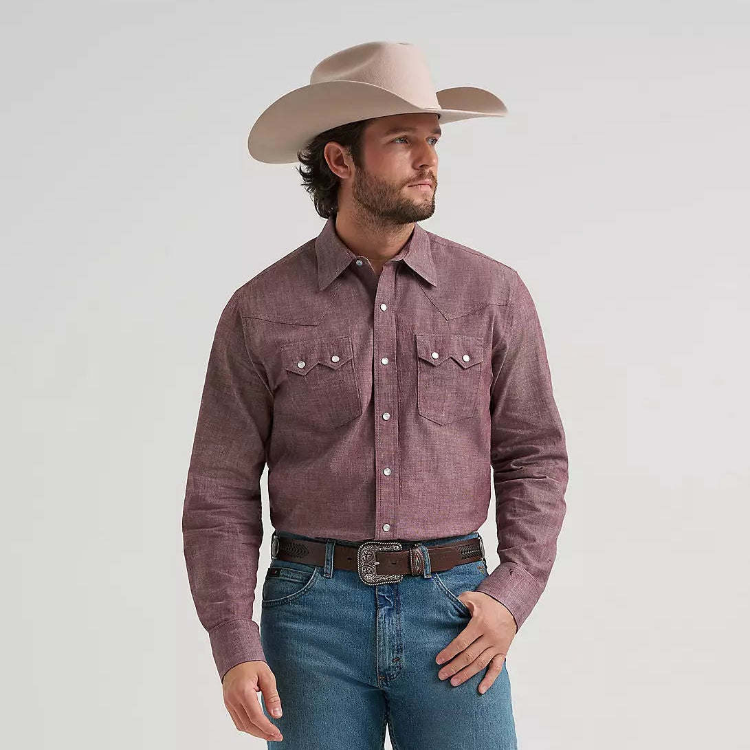 Wrangler Men's L/S Cody Johnson Two Pocket Snap Shirt in Maroon