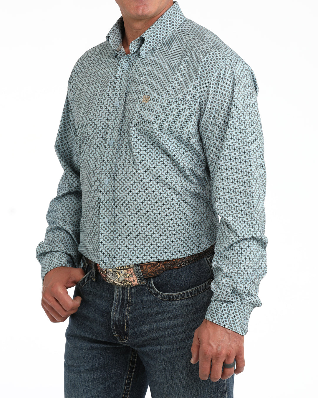 Cinch Men's L/S Arenaflex Print Western Button Down Shirt in Light Blue