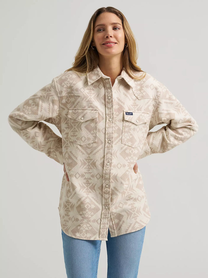 Wrangler Women's Boyfriend Western Snap Shirt Jacket in Cream