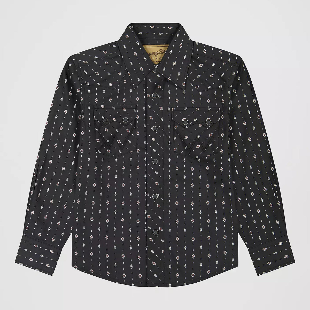 Wrangler Retro Boy's Western Sawtooth Pockets Pearl Snap in Obsidian Chain