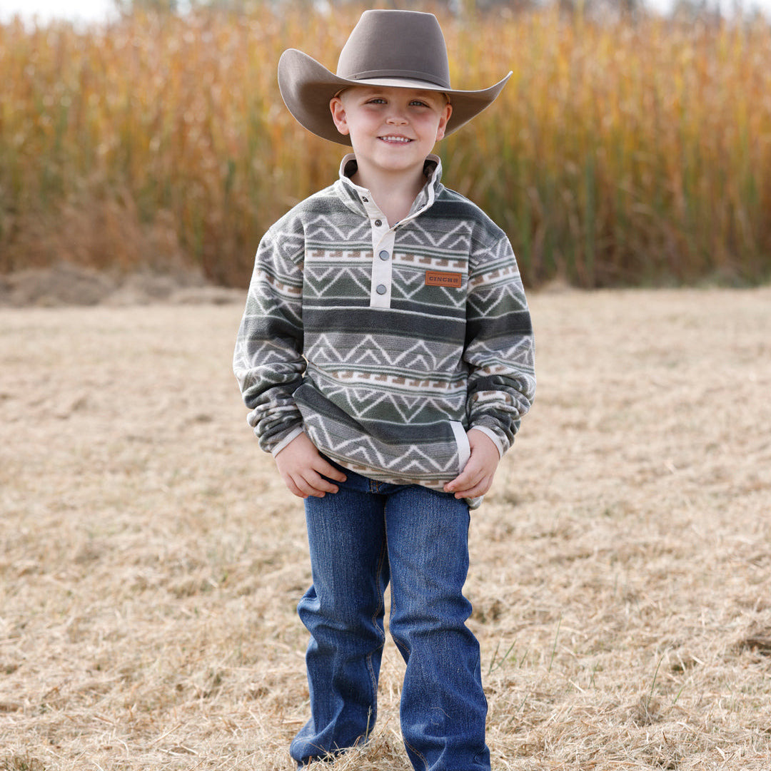 Cinch Youth Boy's Aztec Quarter Snap Fleece Pullover in Olive
