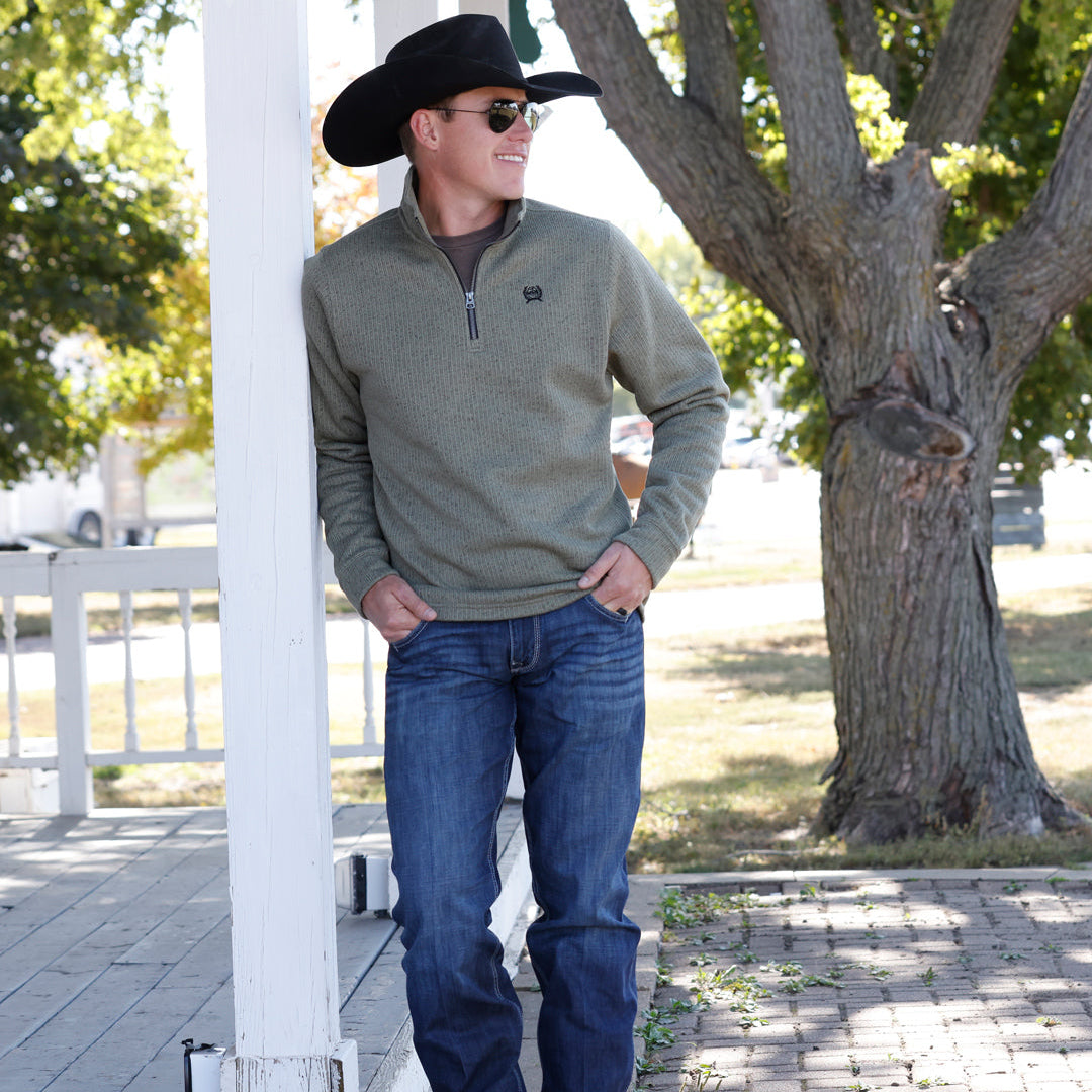 Cinch Men's Logo Quarter Zip Knit Pullover Sweater in Olive