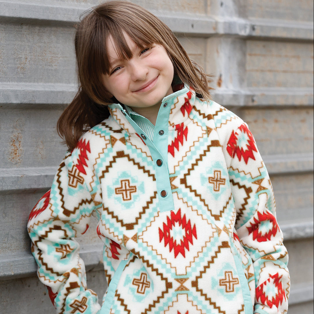 Cruel Girl's Youth Aztec Quarter Snap Fleece Pullover in Cream