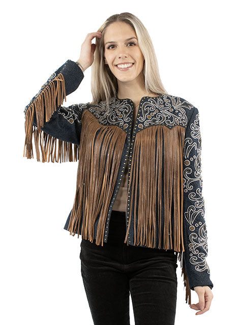 Scully Women's Studded Fringe Jacket in Denim