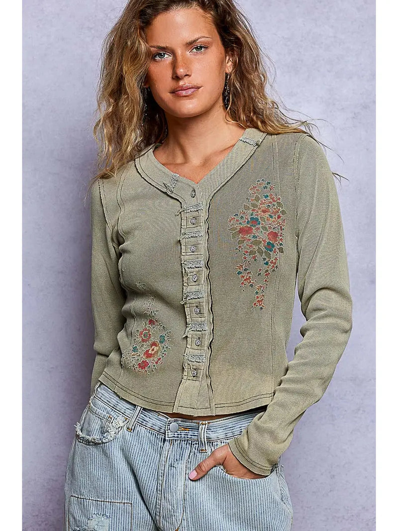 Women's Vintage Washed Button Front Top in Olive