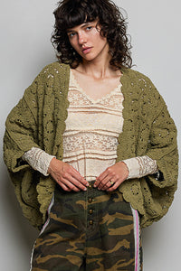 Women's Dolman Sleeve Crochet Cardigan in Teal Olive
