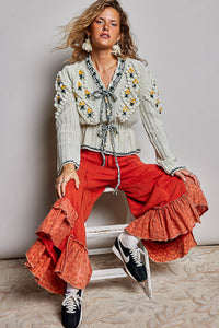 Women's Floral Daisy Embroidered Front Tie Cardigan in Cream