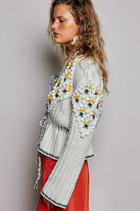 Women's Floral Daisy Embroidered Front Tie Cardigan in Cream