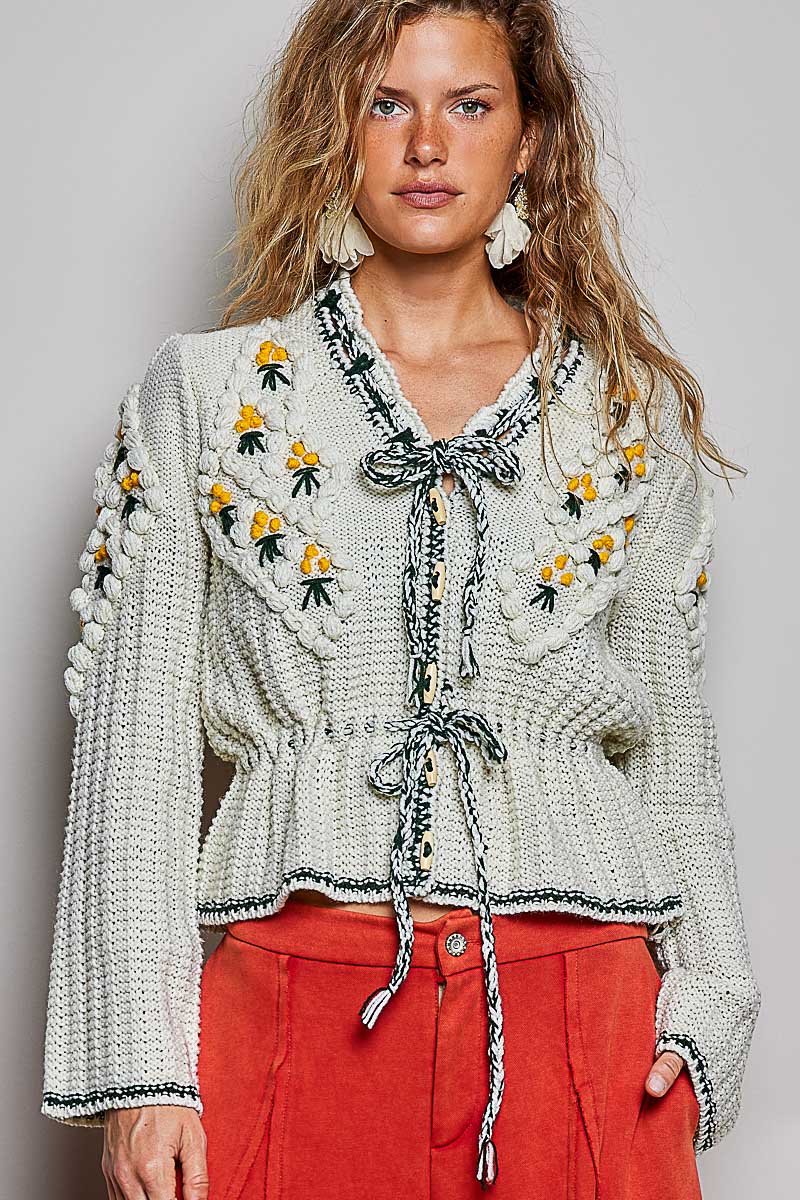 Women's Floral Daisy Embroidered Front Tie Cardigan in Cream